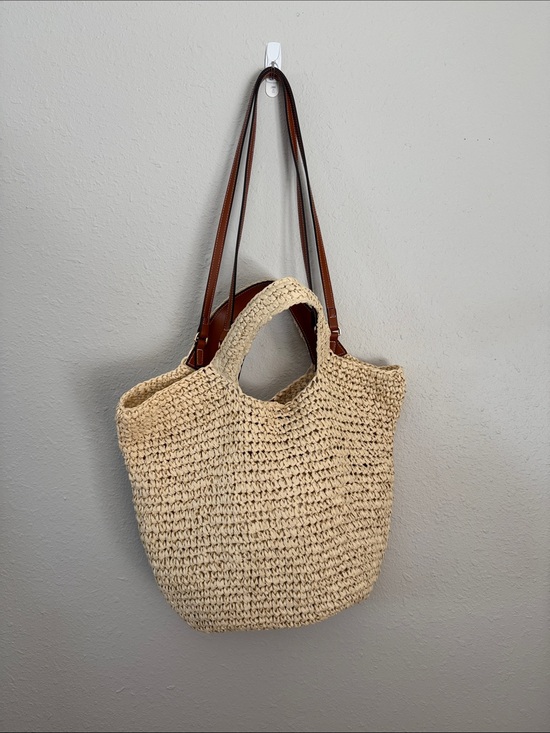 Mango Handbags - Mango Woven Straw Tote Bag with Brown faux Leather Straps